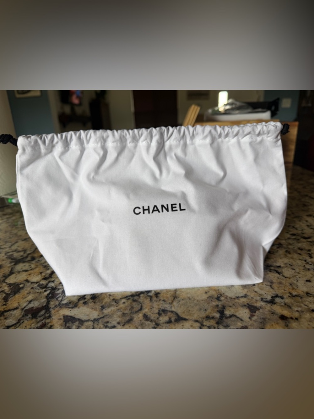 CHANEL White and Black Logo Drawstring Pouch